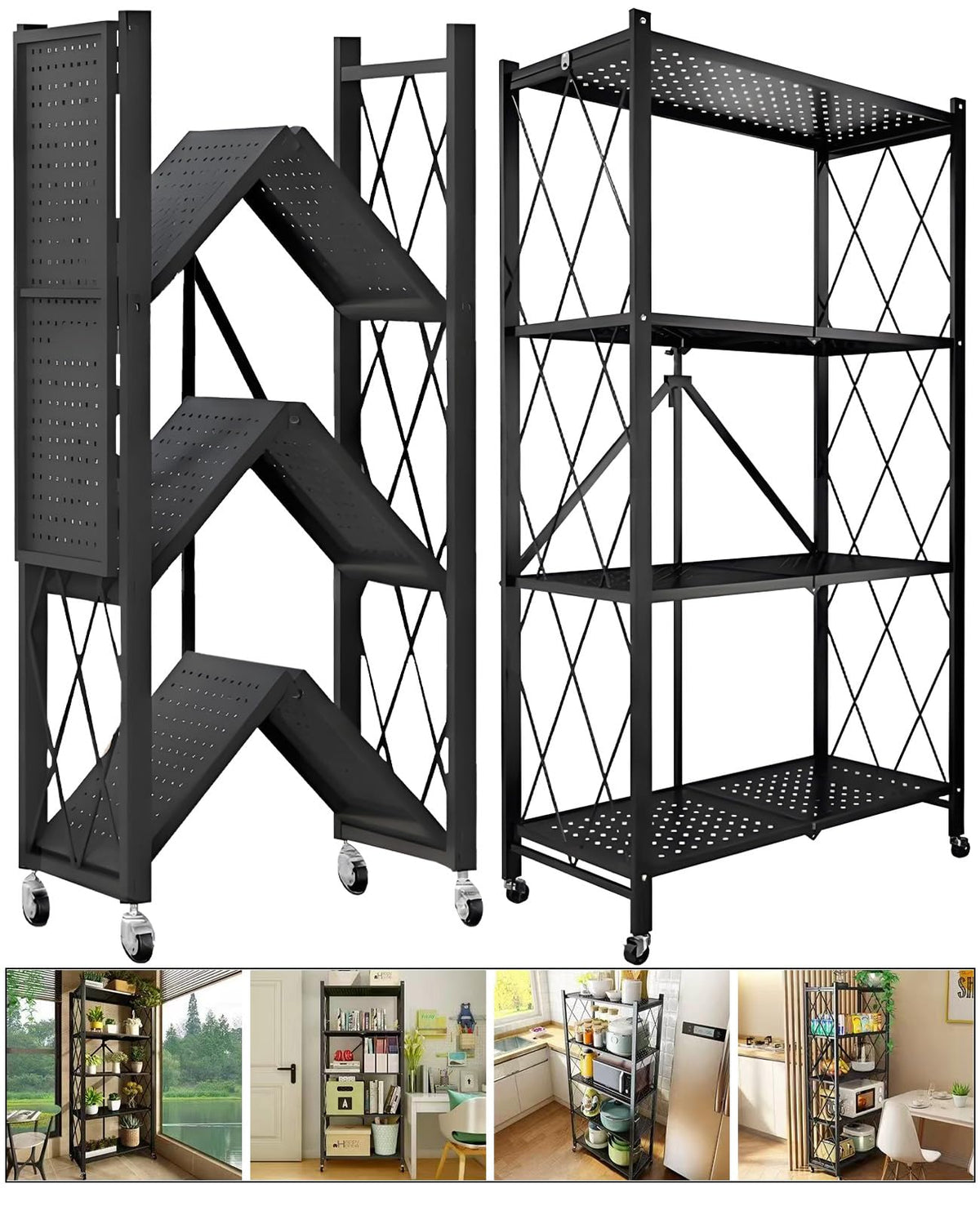 Metal Shelves, 4-Tier Foldable Shelving Unit with Wheels V45981