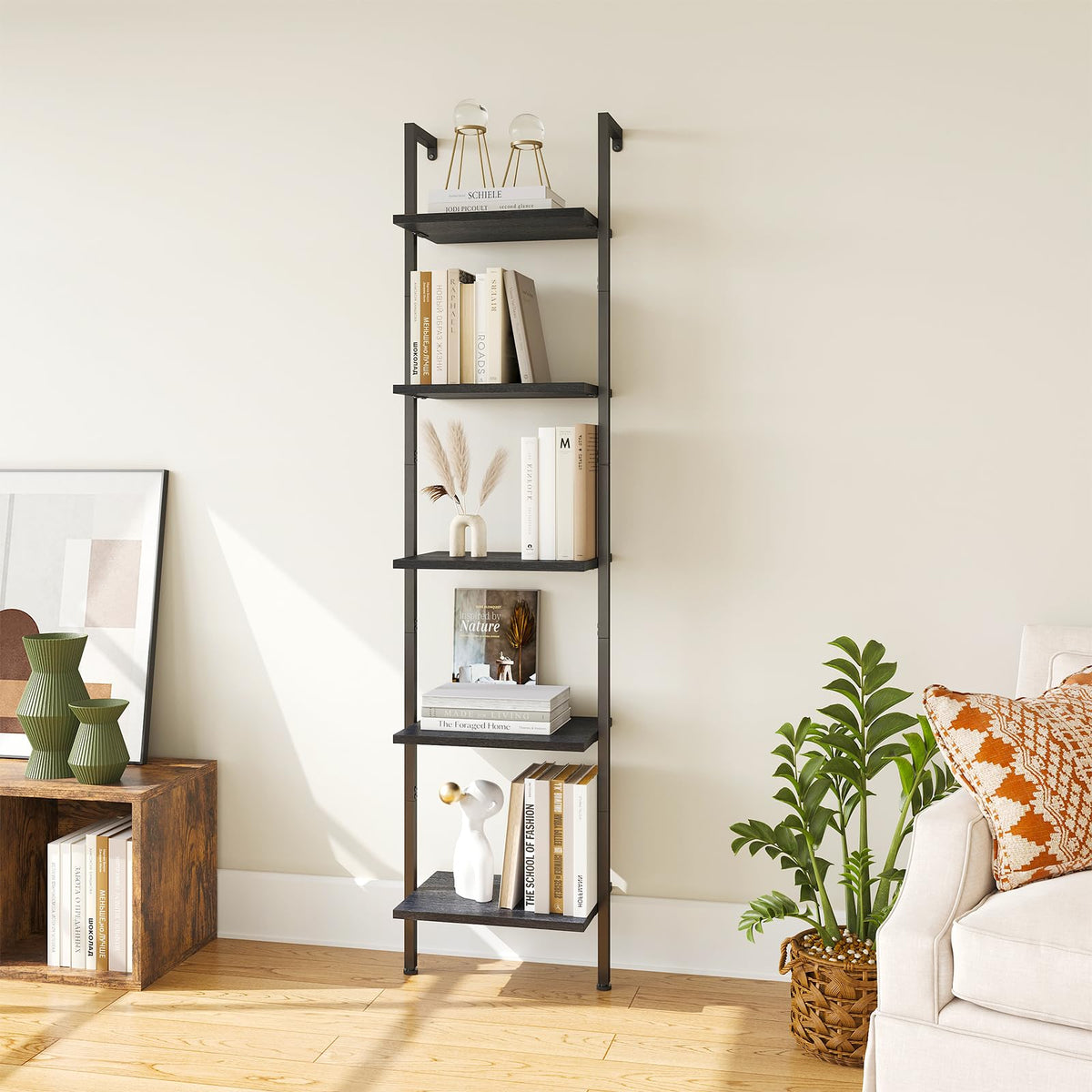 5-Tier Wood Wall Mounted Ladder Bookshelf G77824