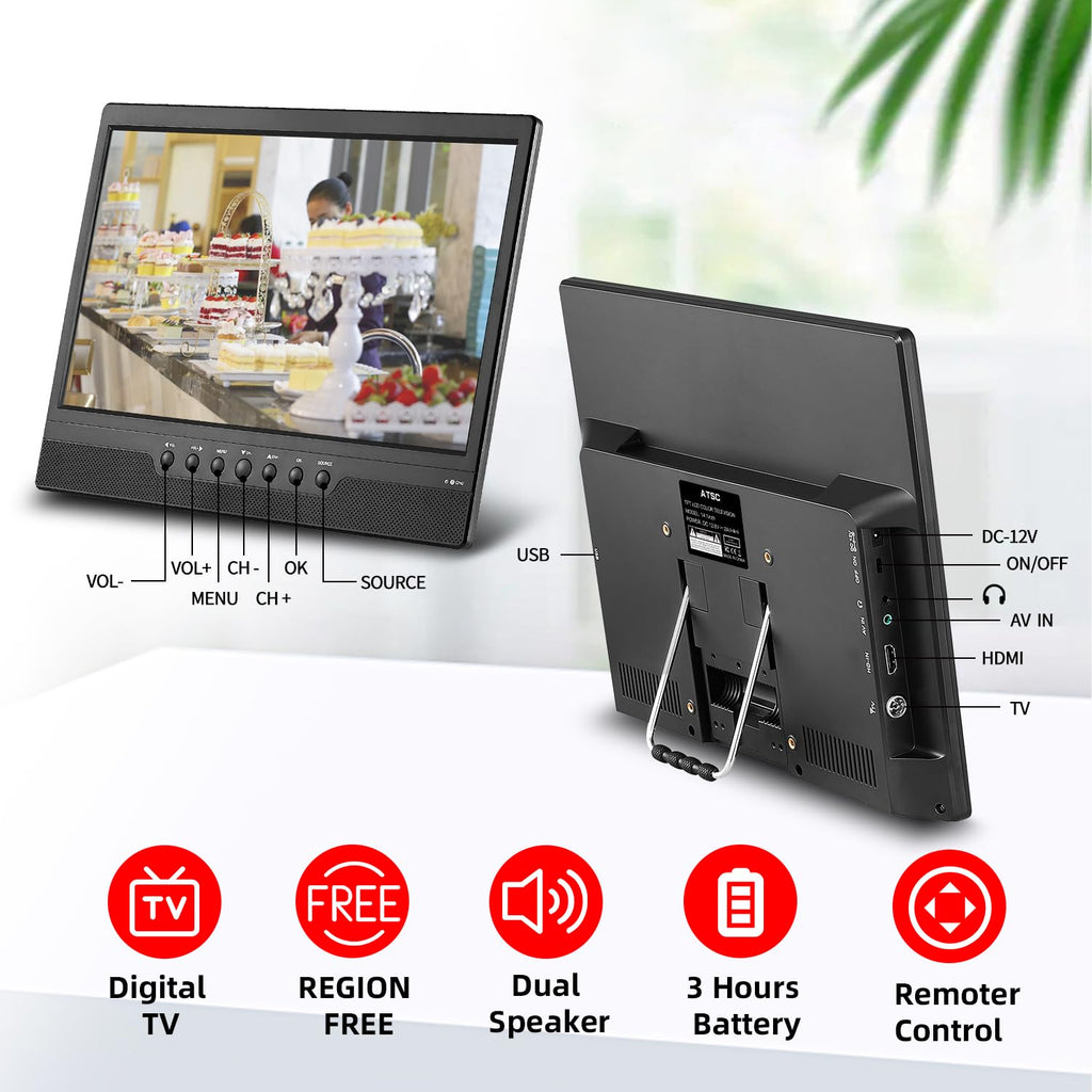 14 Inch Portable TV with Rechargeable Battery, ATSC Tuner, USB/HDMI/AV, 12 Volt V86452