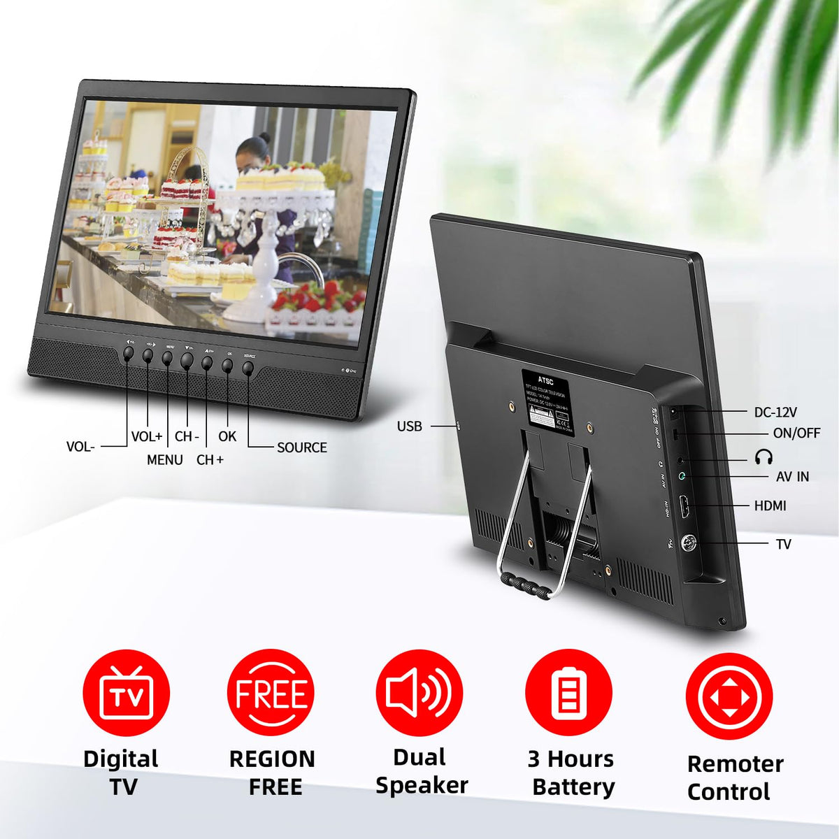 14 Inch Portable TV with Rechargeable Battery, ATSC Tuner, USB/HDMI/AV, 12 Volt V86452