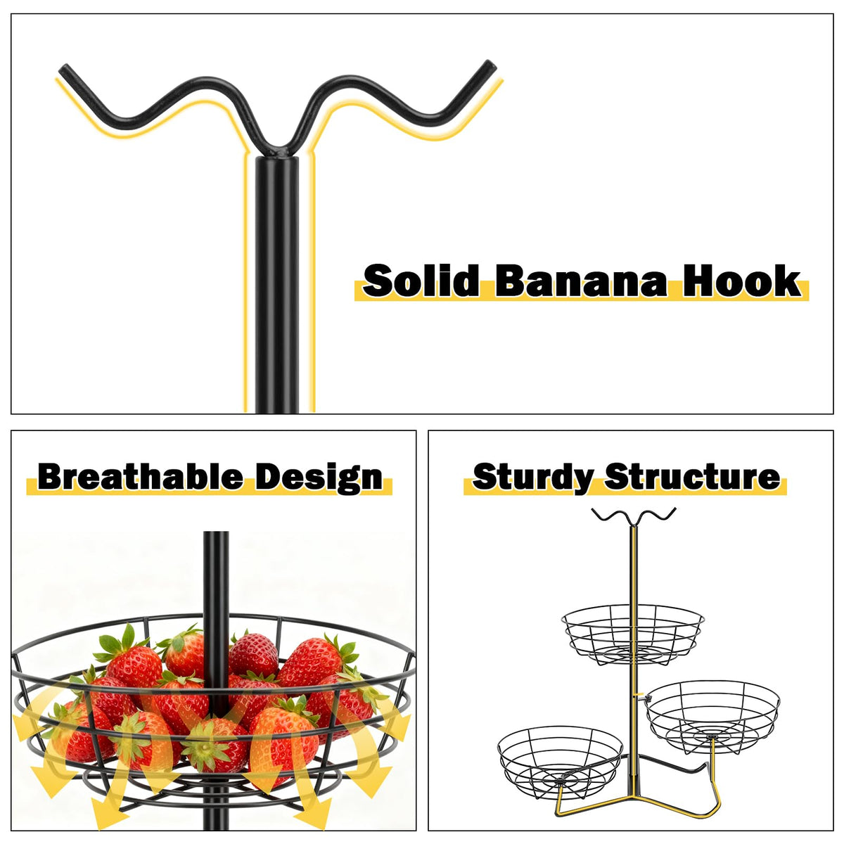 3 Tier Fruit Basket Bowl with 2 Banana Hooks P708114