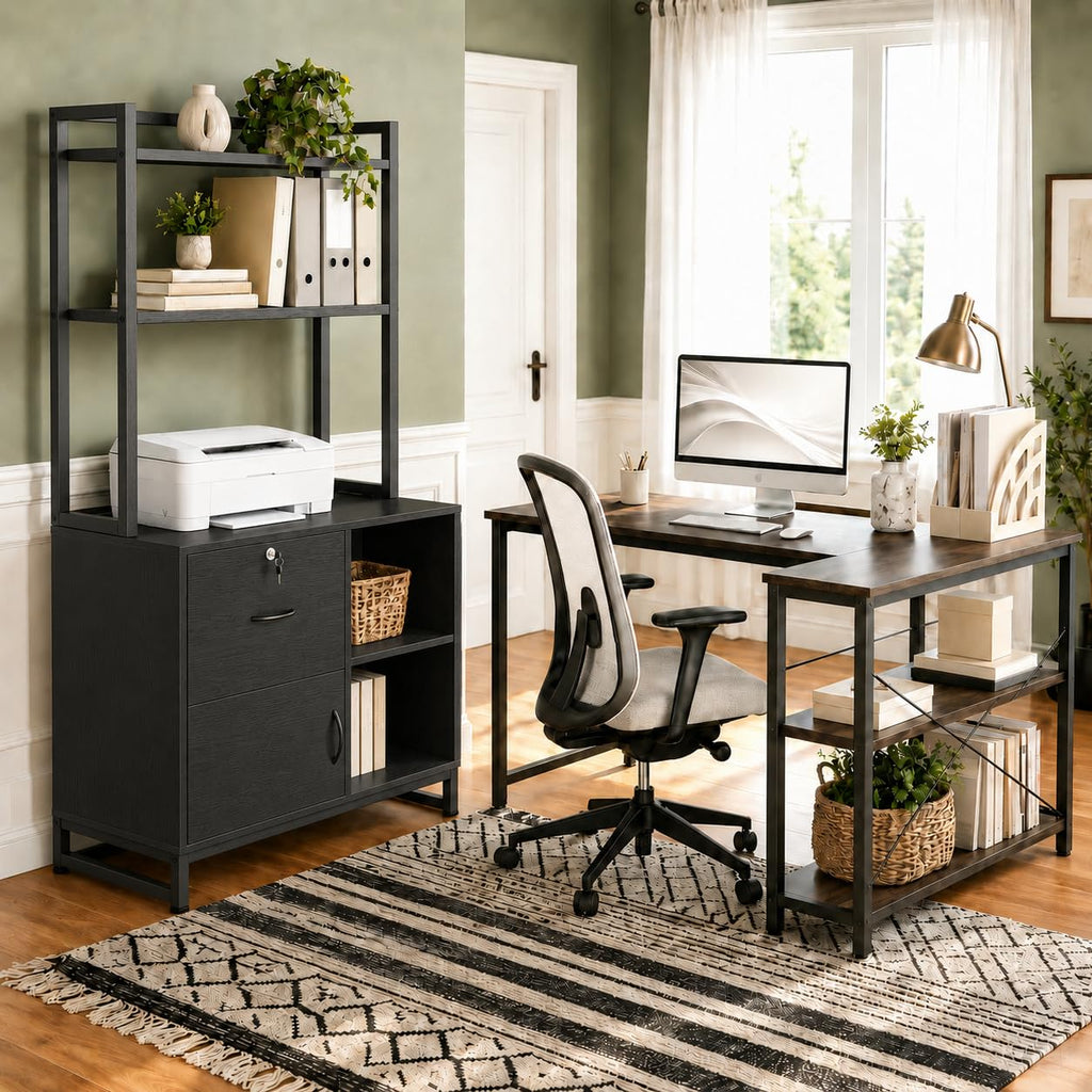 Black Vertical Filing Cabinet with Bookshelf F391