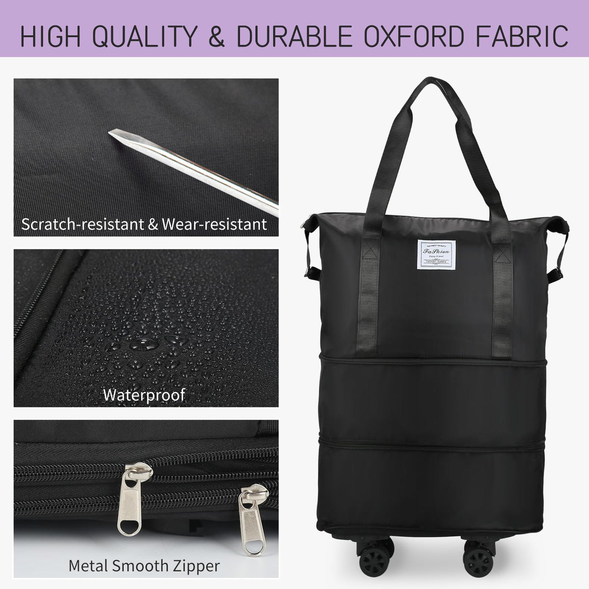 Expandable Rolling Duffle Bag with Wheels, 18L to 30L, Black A62084