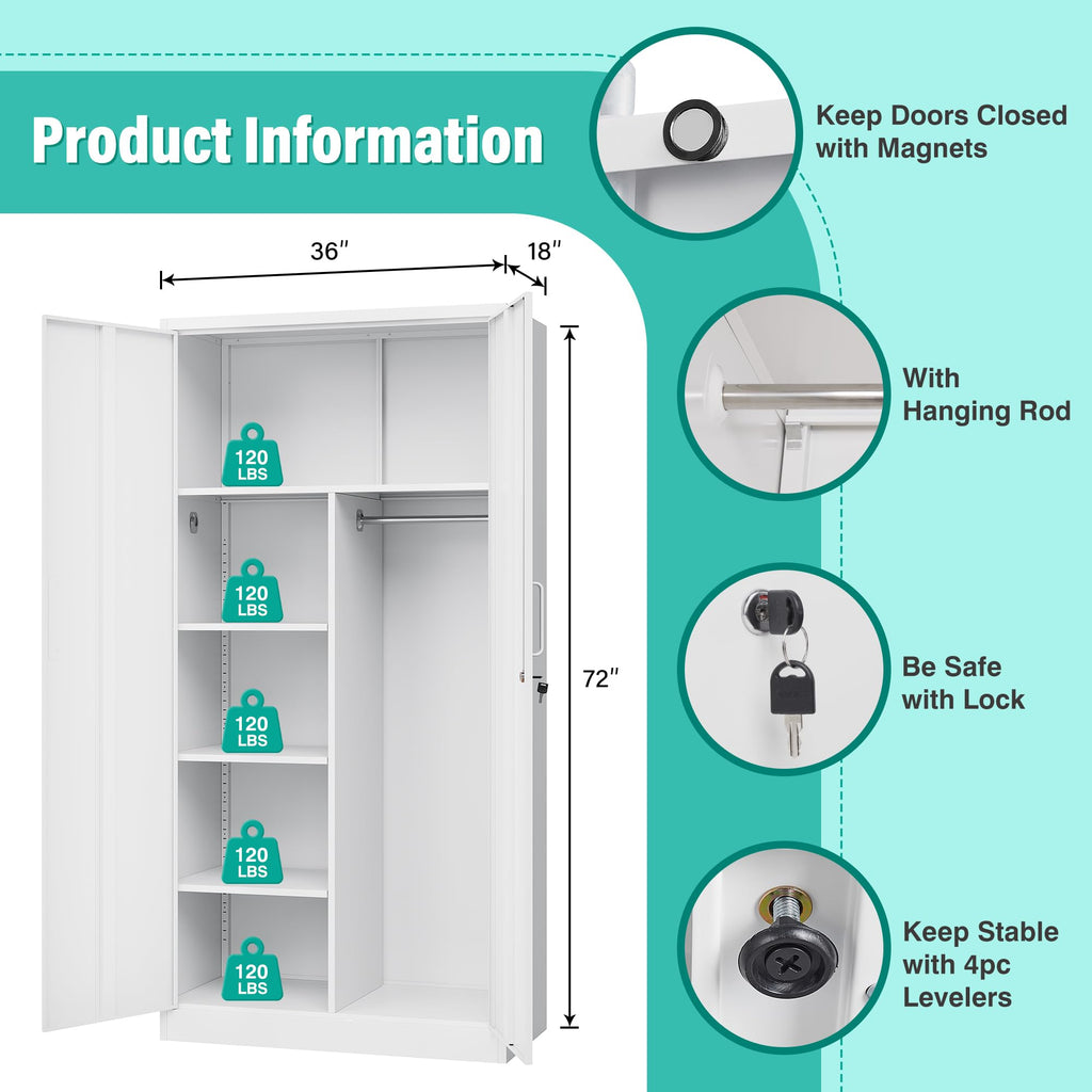 White Metal Storage Cabinet with Hanging Rod and Lock J7132