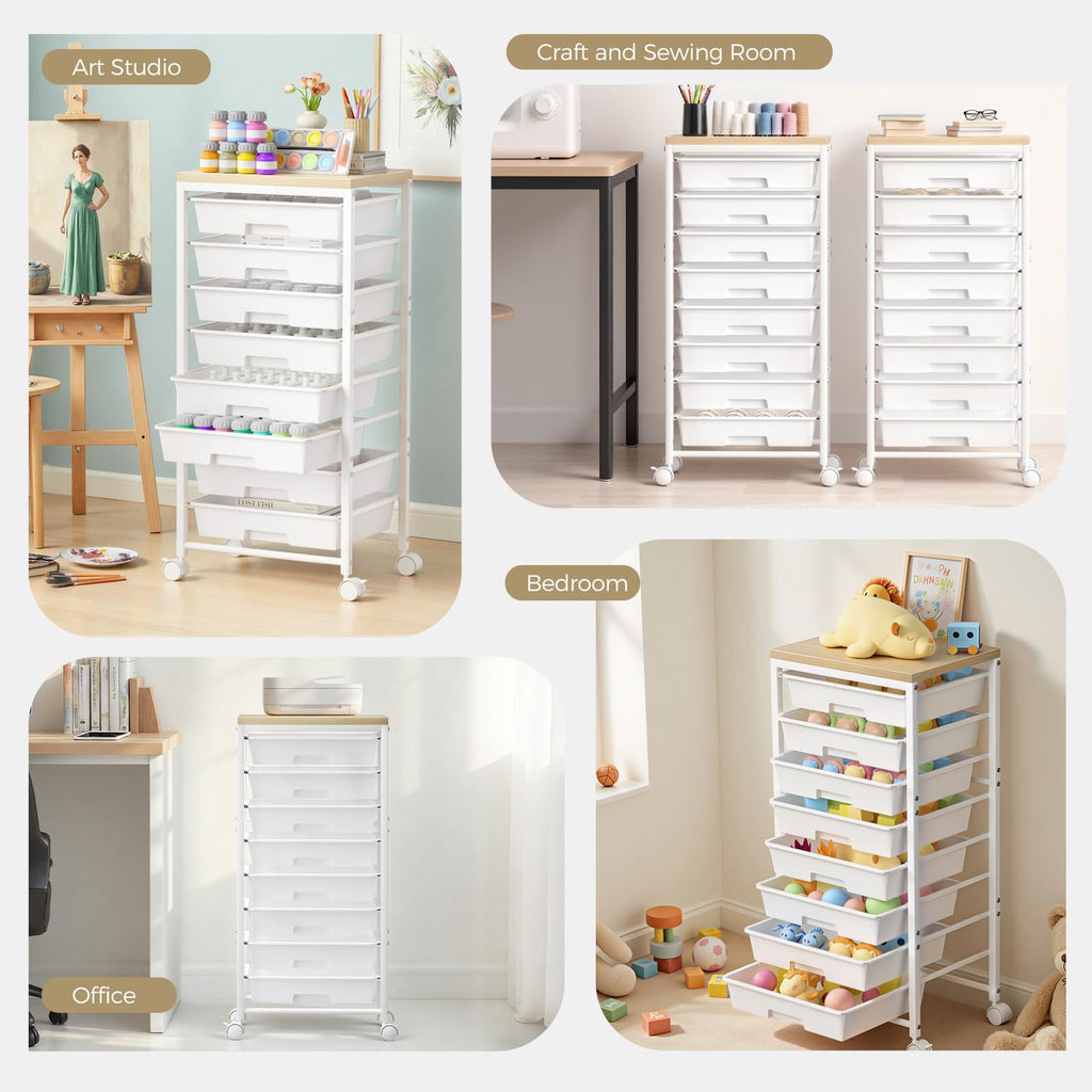 White 8 Drawer Rolling Storage Cart with Wooden Tabletop D9576