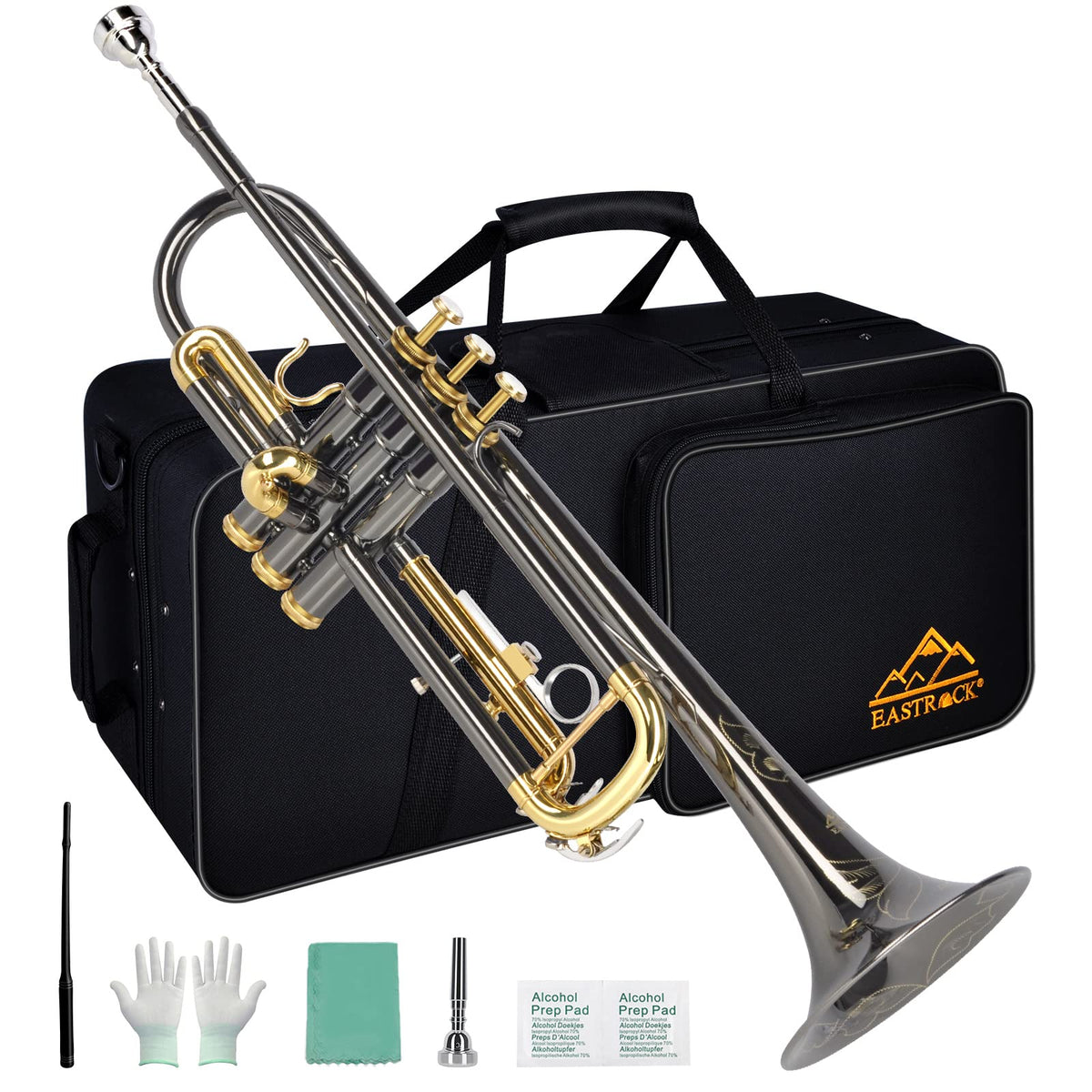 Bb Trumpet Set with Carrying Case, Gloves, 7C Mouthpiece, Tuning Rod, Black Nickel F621