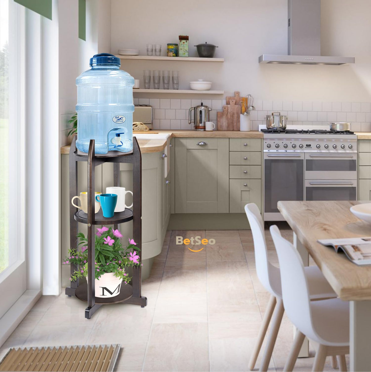 Solid Wood Water Dispenser Floor Stand with 3 Round Shelfs J484