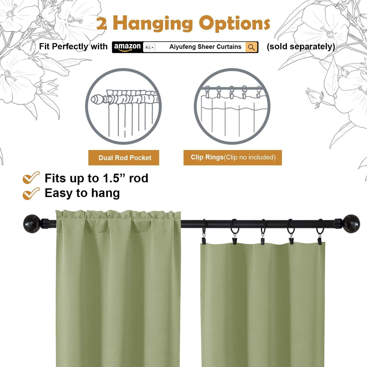 Sage Green 72 Inch Blackout Curtains 2 Panels Set I10555