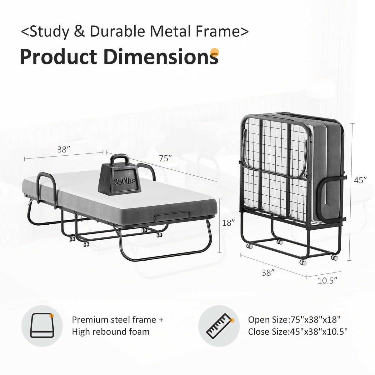 Twin Size Folding Bed with Memory Foam Mattress V742365