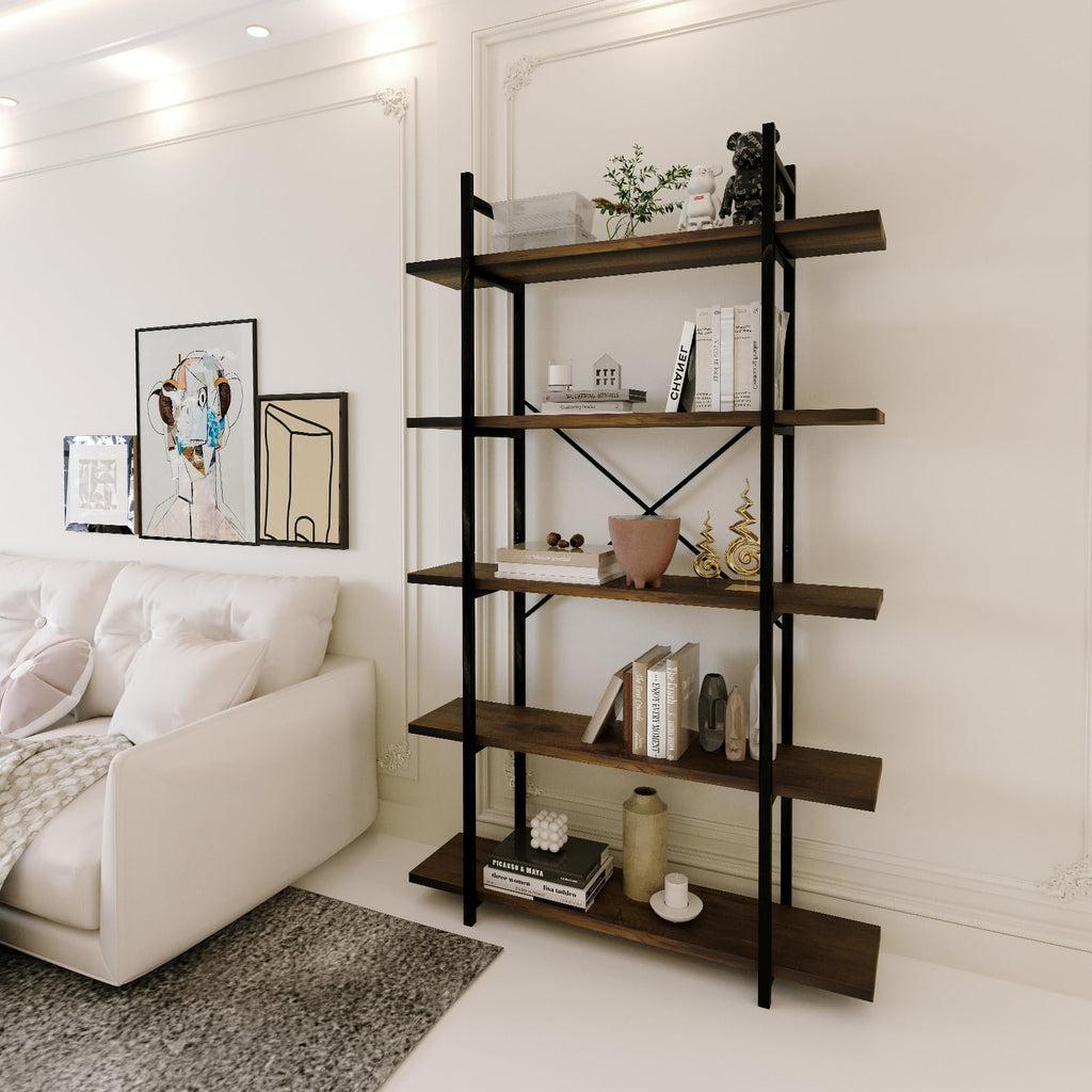 5 Tiers Rustic Brown and Metal Bookshelf E34711