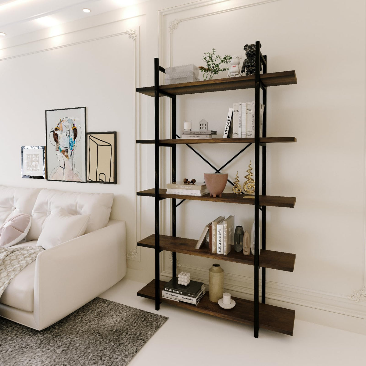 5 Tiers Rustic Brown and Metal Bookshelf E34711