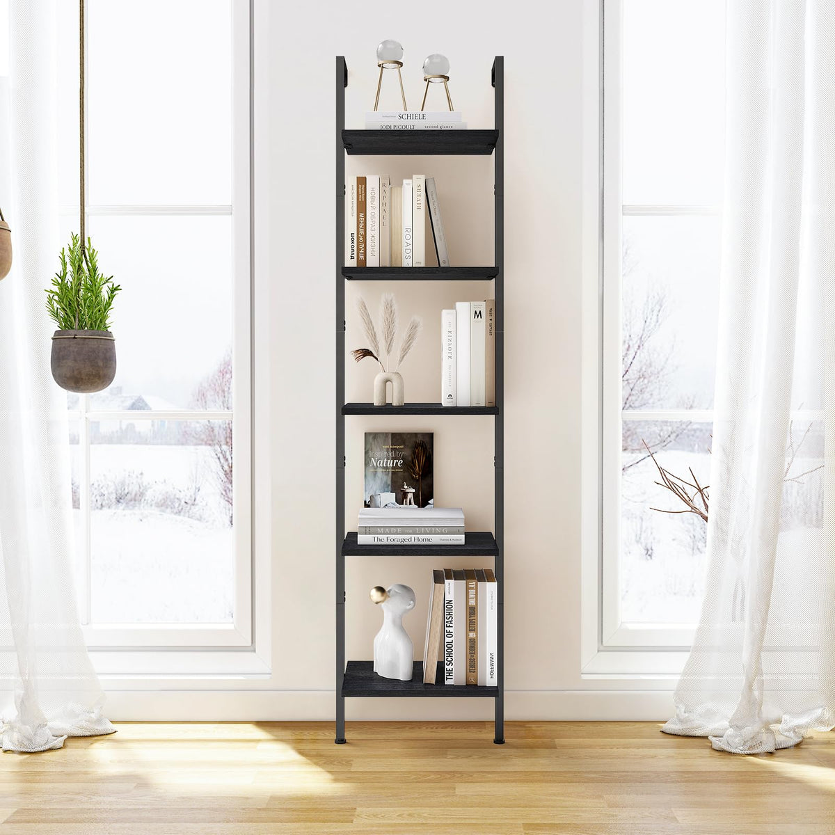 5-Tier Wood Wall Mounted Ladder Bookshelf G77824