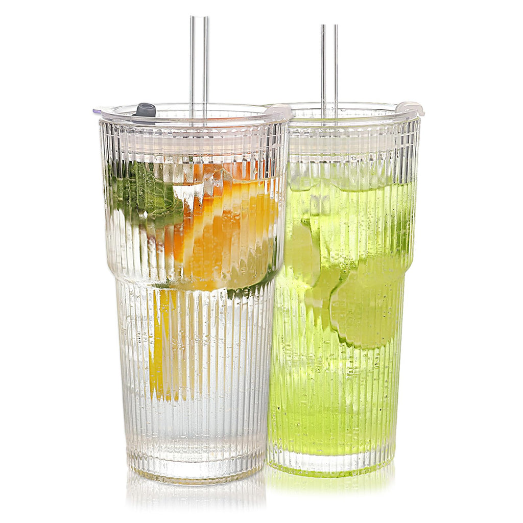 Set of 2 Ribbed Glass Tumbler with Lids and Straws I72655