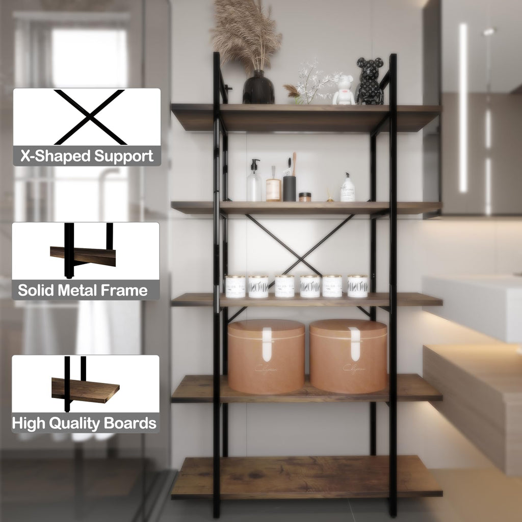 5 Tiers Rustic Brown and Metal Bookshelf E34711