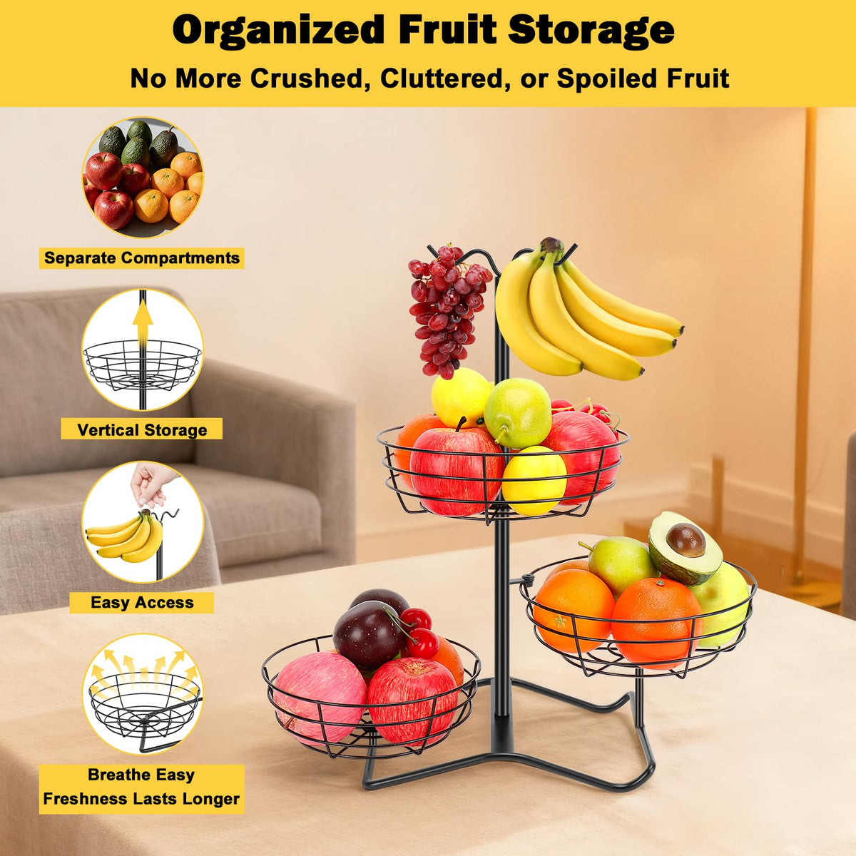 3 Tier Fruit Basket Bowl with 2 Banana Hooks P708114