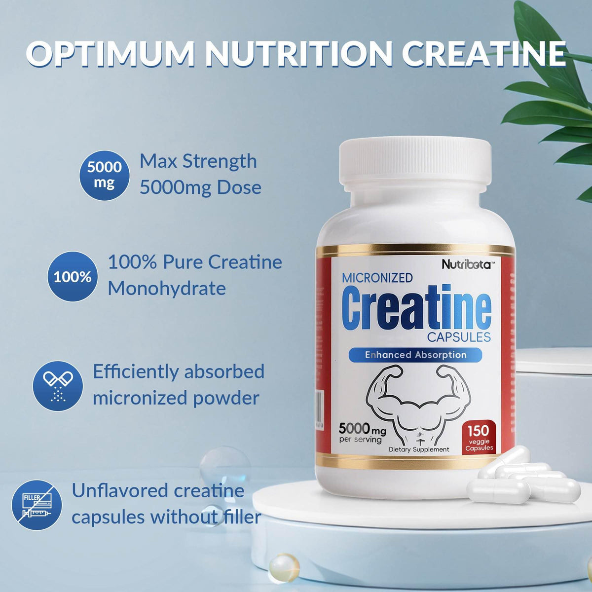 5000mg Micronized Creatine Monohydrate Capsules with Vitamin B12, Vegan, Gluten Free, 150 Count M147