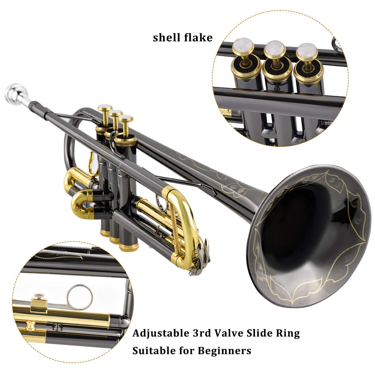 Bb Trumpet Set with Carrying Case, Gloves, 7C Mouthpiece, Tuning Rod, Black Nickel F621