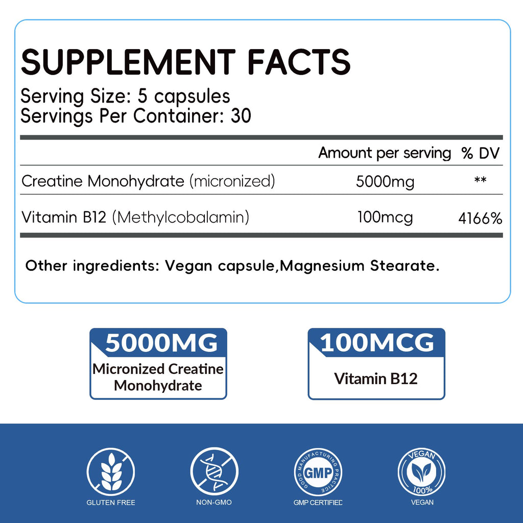 5000mg Micronized Creatine Monohydrate Capsules with Vitamin B12, Vegan, Gluten Free, 150 Count M147