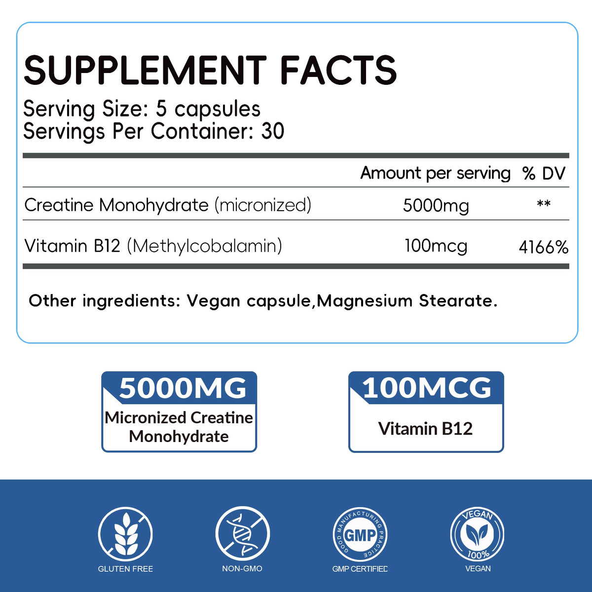 5000mg Micronized Creatine Monohydrate Capsules with Vitamin B12, Vegan, Gluten Free, 150 Count M147