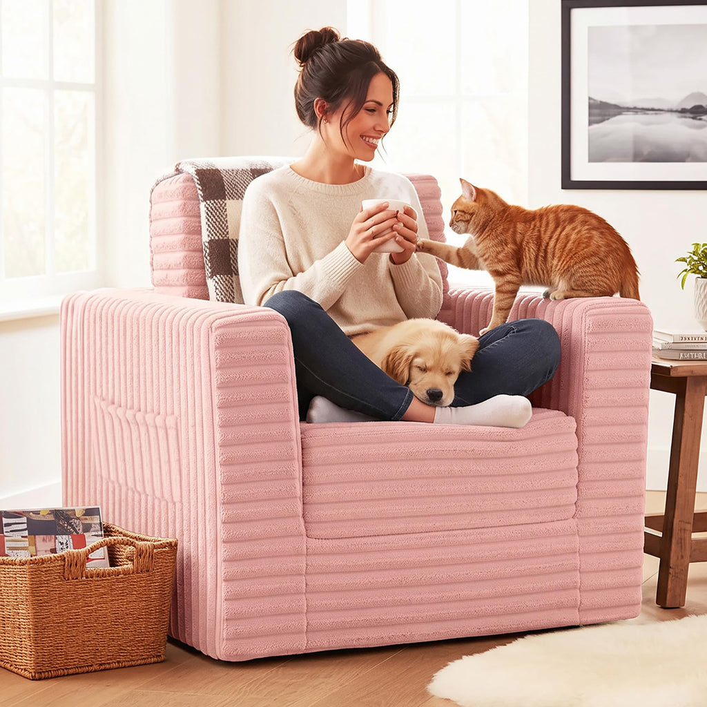 Pink Folding Sofa Bed with Ottoman F8832