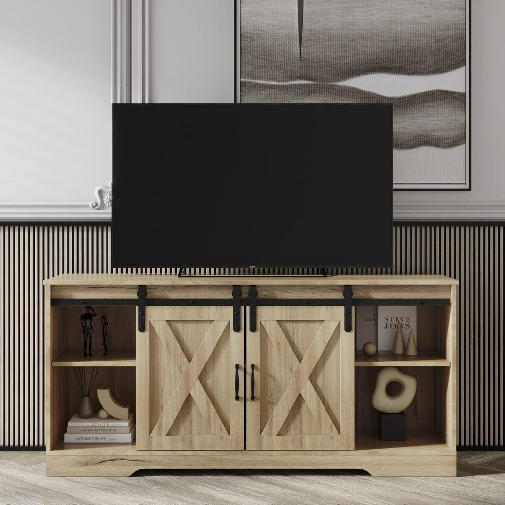 Sliding Barn Door Wood TV Stand with Adjustable Shelves R41457