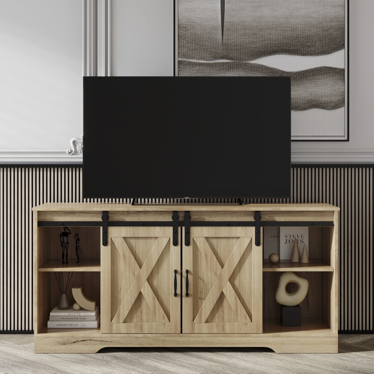 Sliding Barn Door Wood TV Stand with Adjustable Shelves R41457