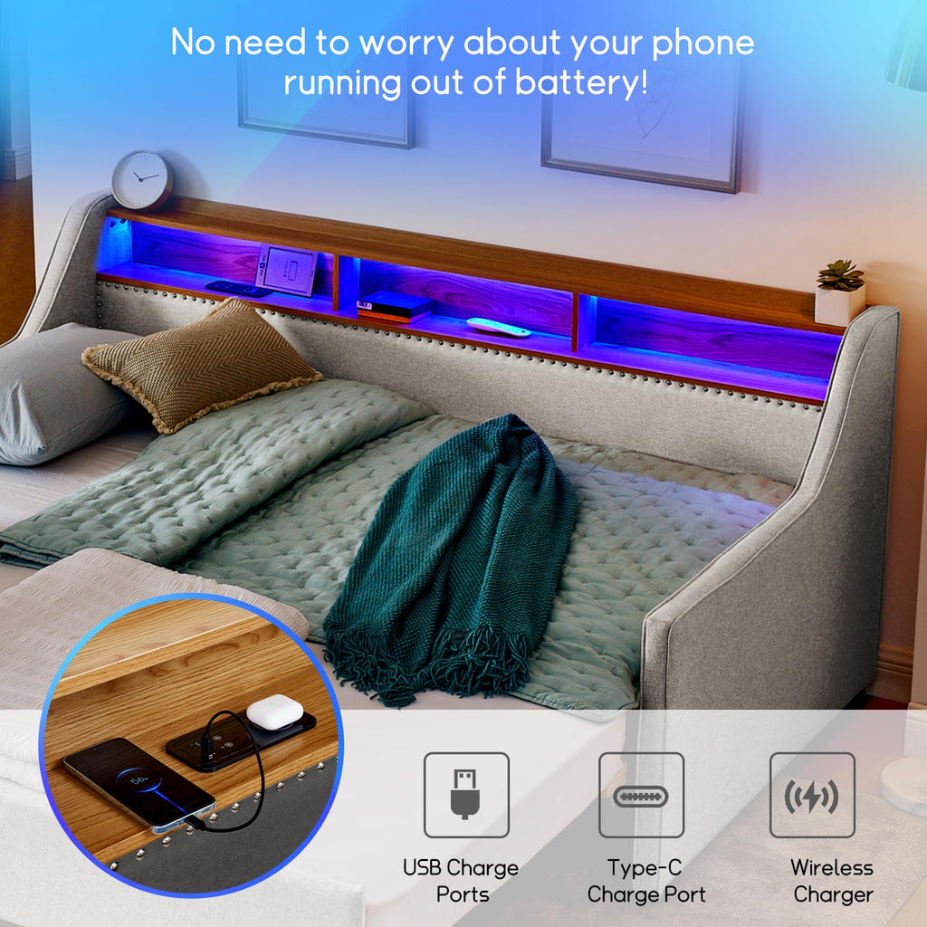 Linen Upholstered Daybed with Pop Up Trundle and USB Charging K5315