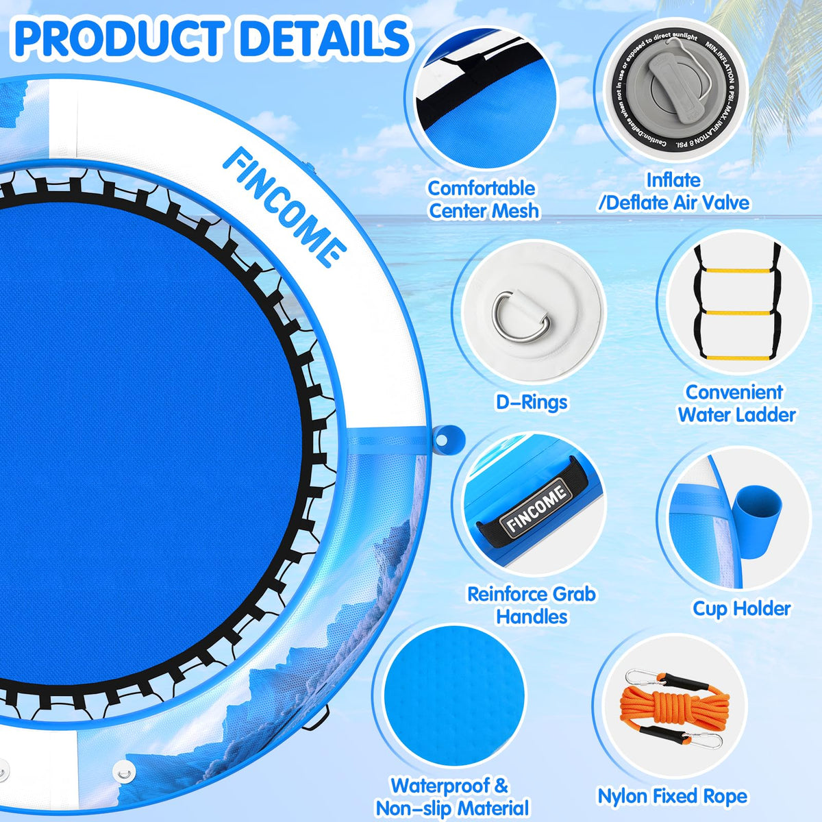 Inflatable Water Hammock Floating Dock 8FT Round with Water Ladder and Cup Holder Light Blue L90531
