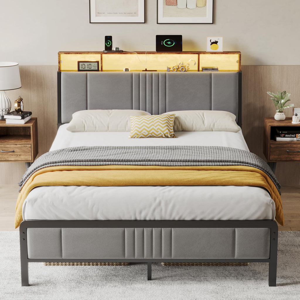Full Size Upholstered Metal Platform Bed with Storage and Charging Station J51687