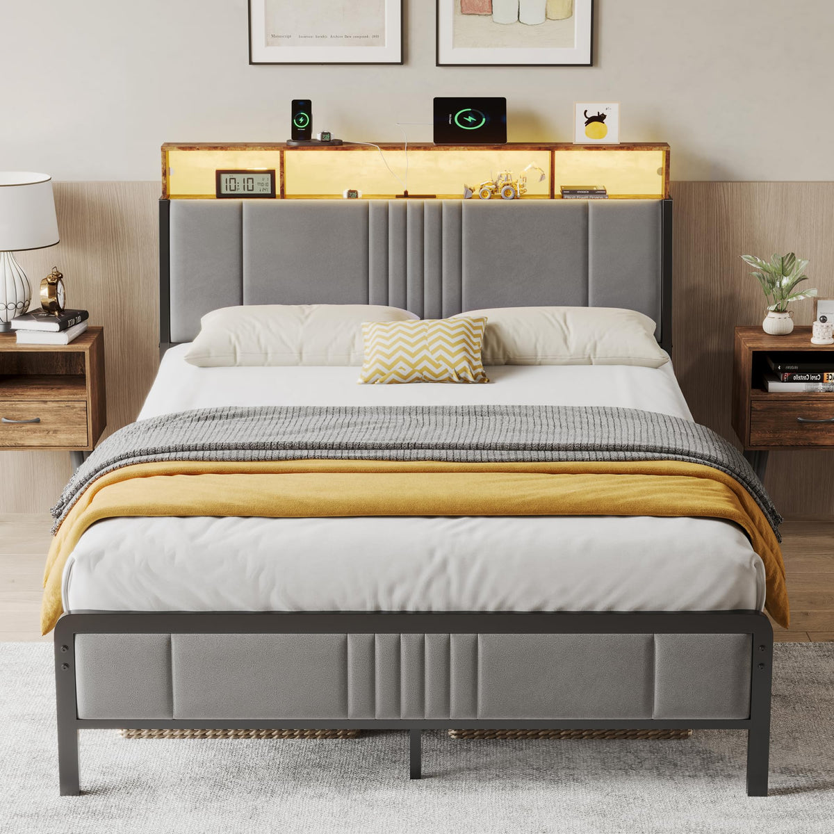 Full Size Upholstered Metal Platform Bed with Storage and Charging Station J51687