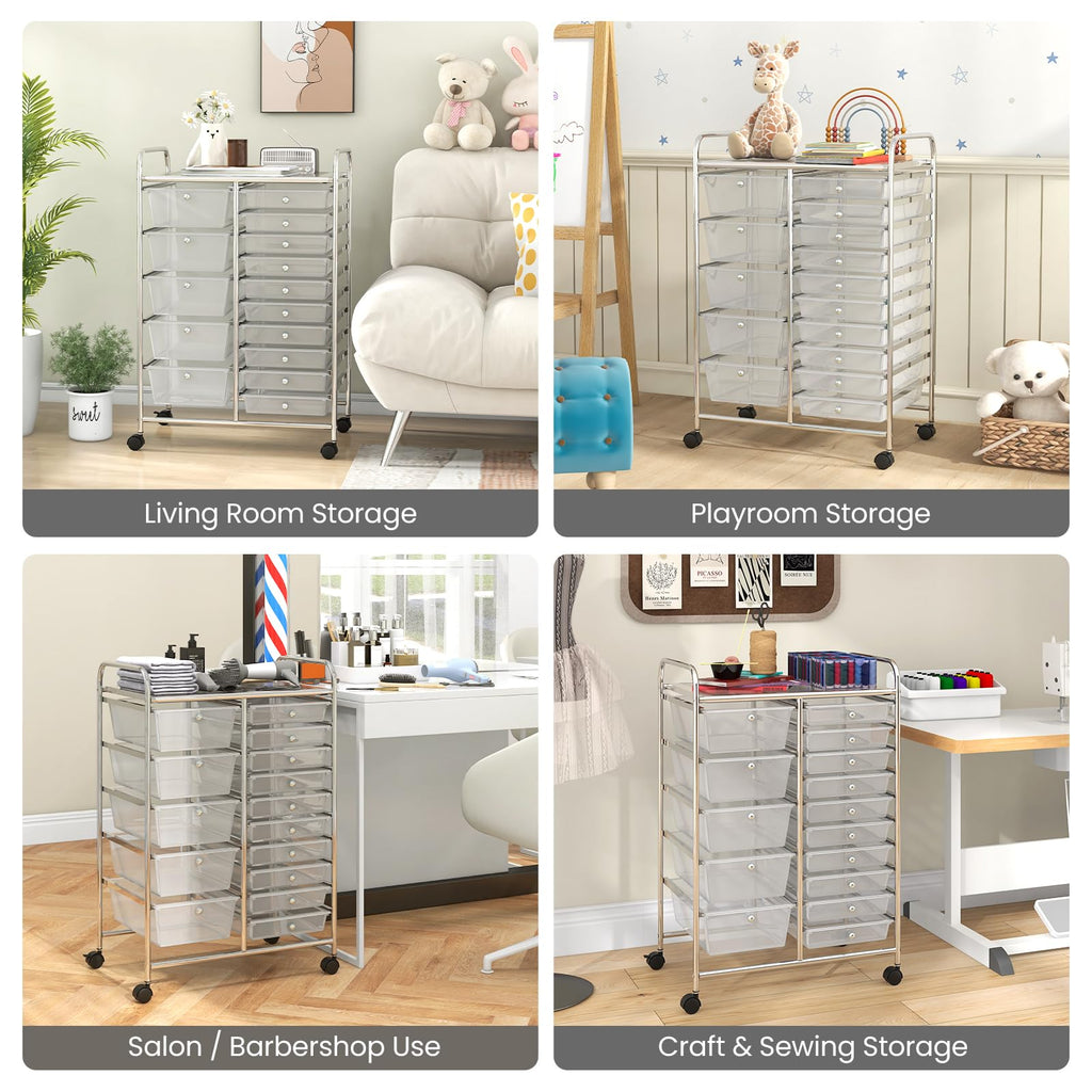15 Drawer Rolling Storage Cart with Metal Frame V3796