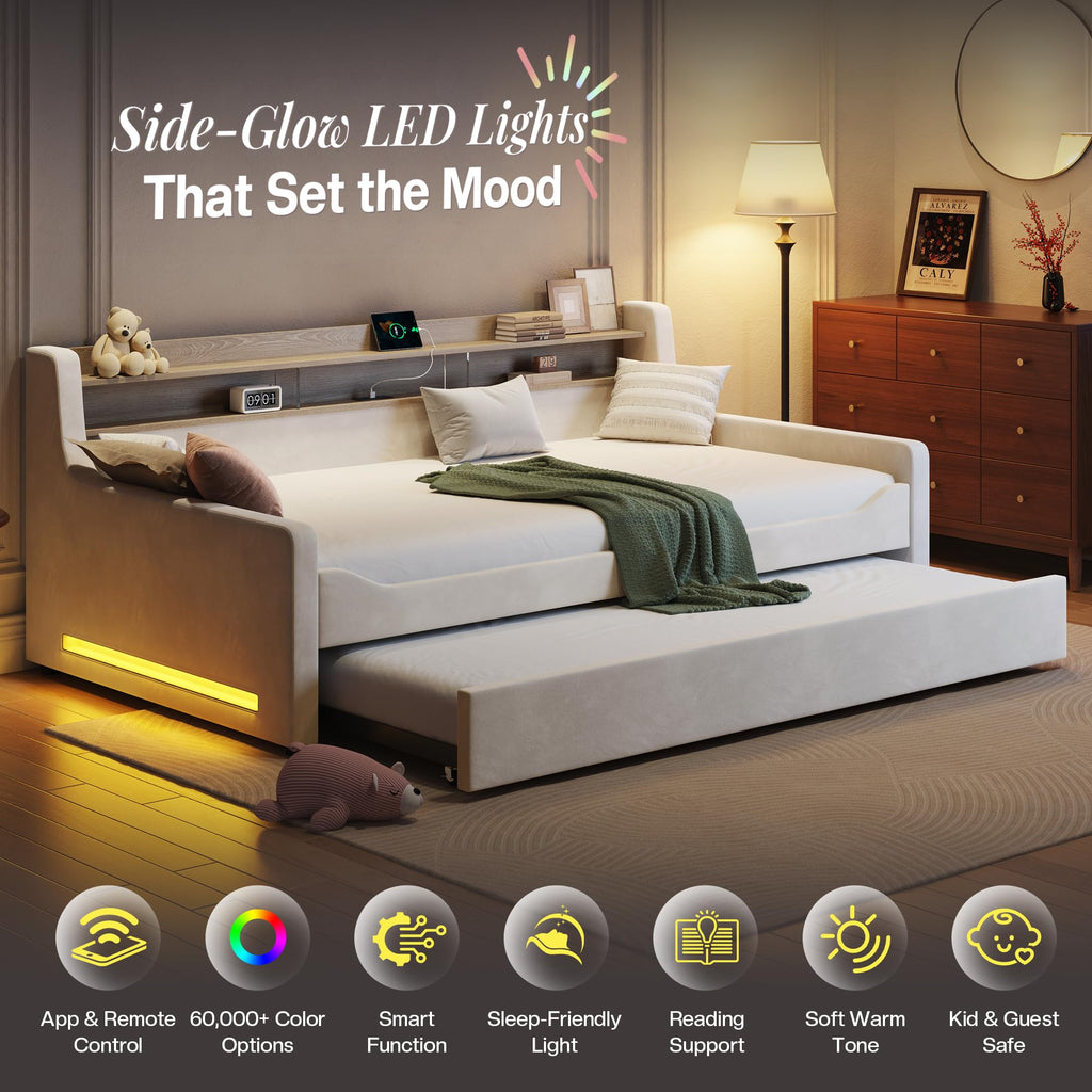 Twin Upholstered Daybed with Trundle and Storage Headboard Q7441