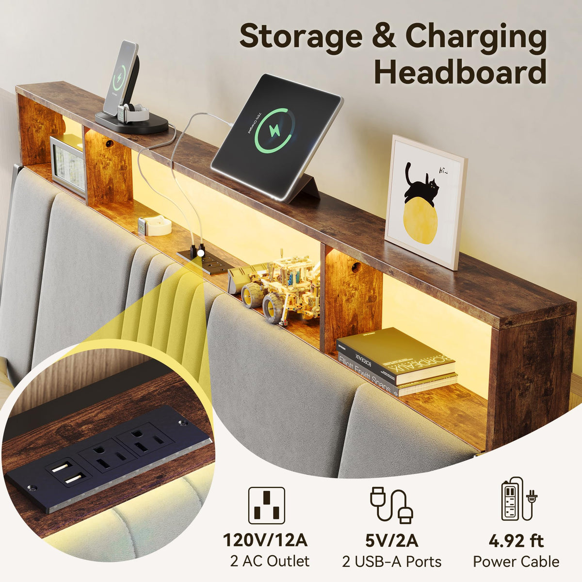 Full Size Upholstered Metal Platform Bed with Storage and Charging Station J51687