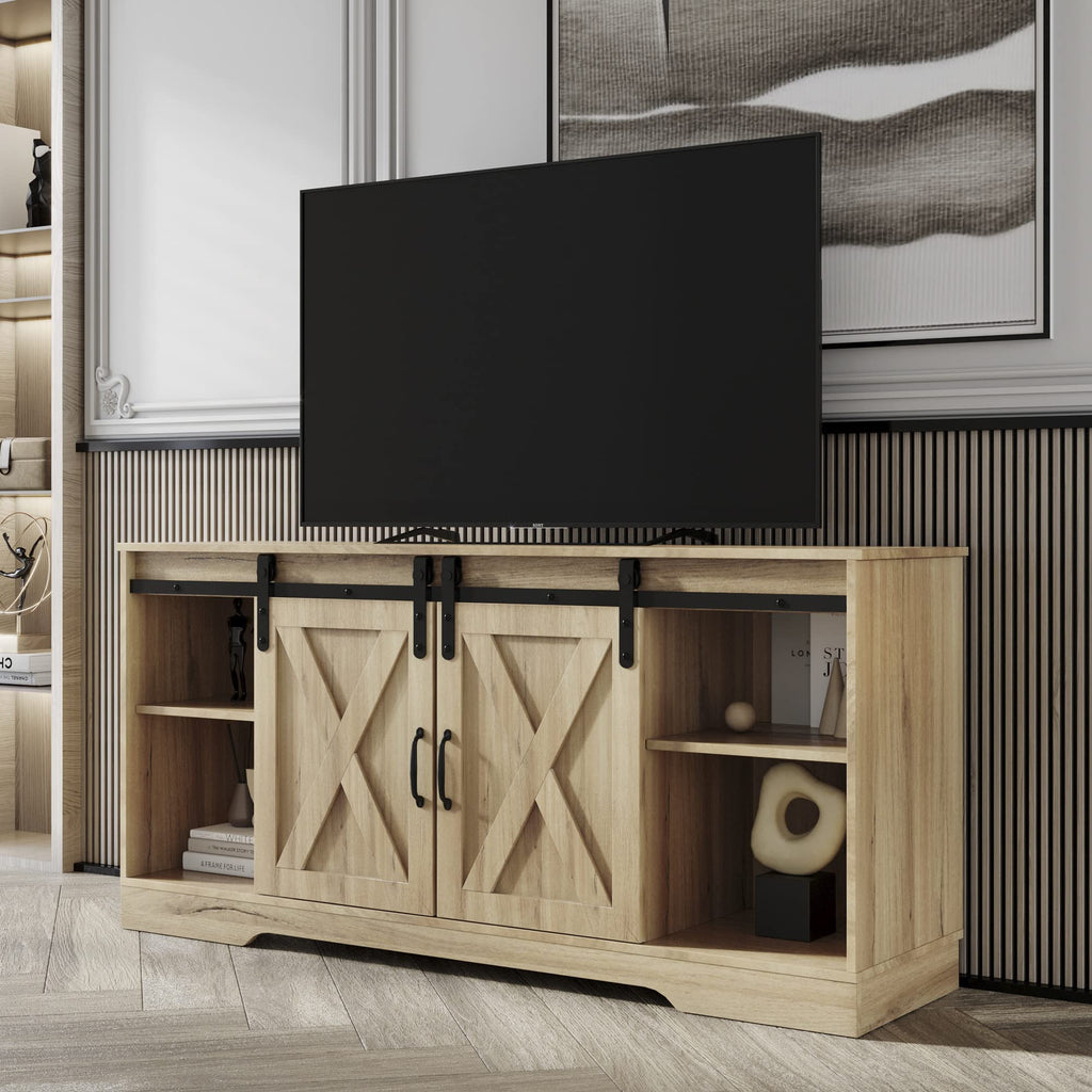 Sliding Barn Door Wood TV Stand with Adjustable Shelves R41457