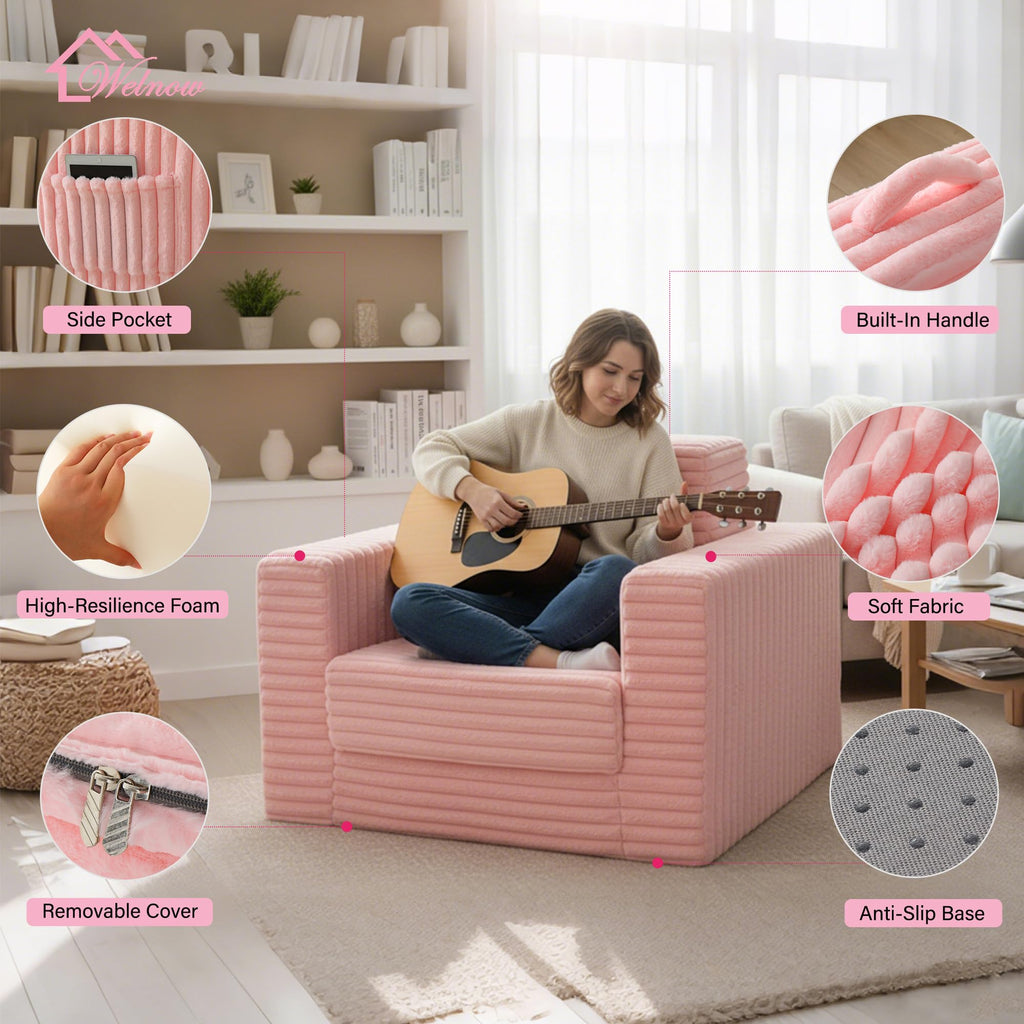 Pink Folding Sofa Bed with Ottoman F8832