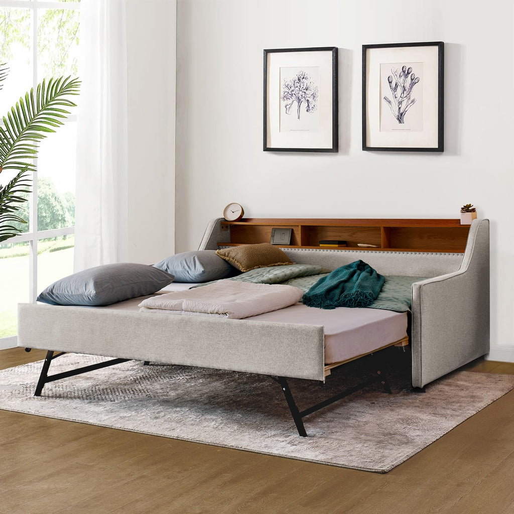 Linen Upholstered Daybed with Pop Up Trundle and USB Charging K5315