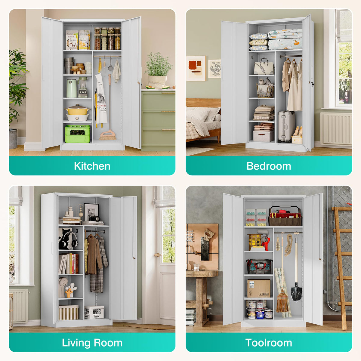 White Metal Storage Cabinet with Hanging Rod and Lock J7132