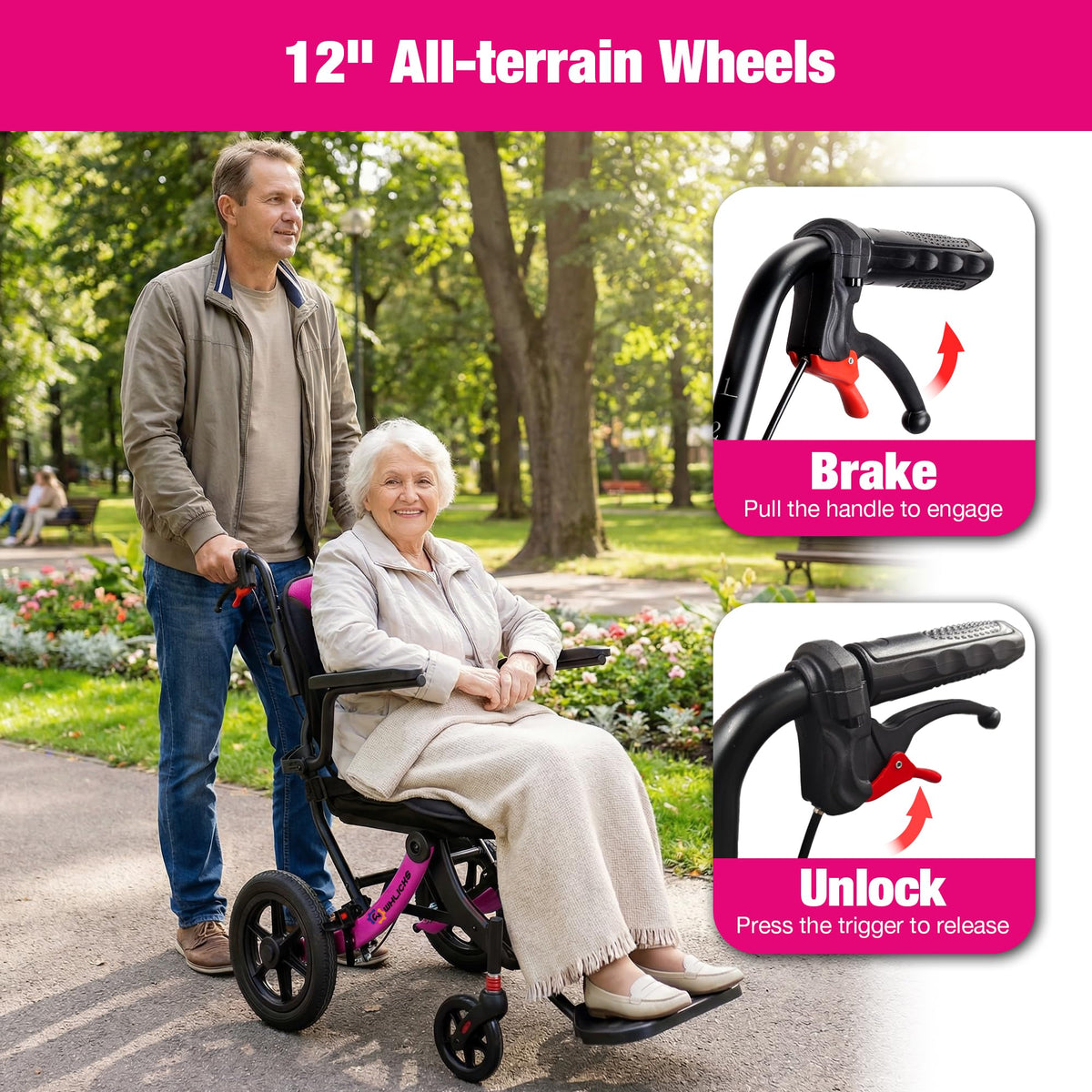 Lightweight Foldable Wheelchair with 12-inch Wheels and Removable Cushion W33595