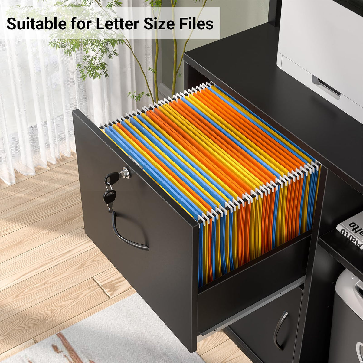 Black Vertical Filing Cabinet with Bookshelf F391