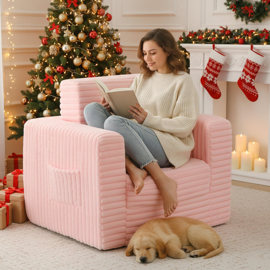 Pink Folding Sofa Bed with Ottoman F8832