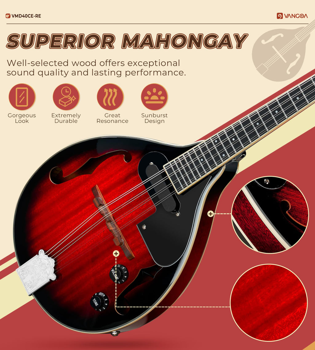 Red Burst 8 Strings Mahogany Acoustic Electric Mandolin M8954