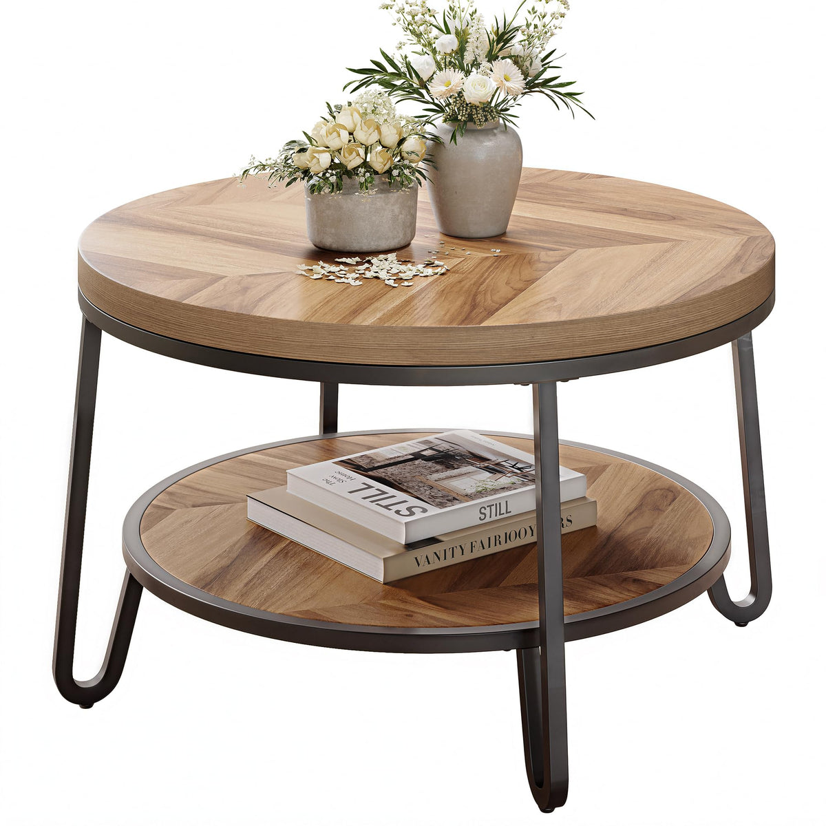 32" Round Coffee Table with 2-Tier Storage Shelf X28135