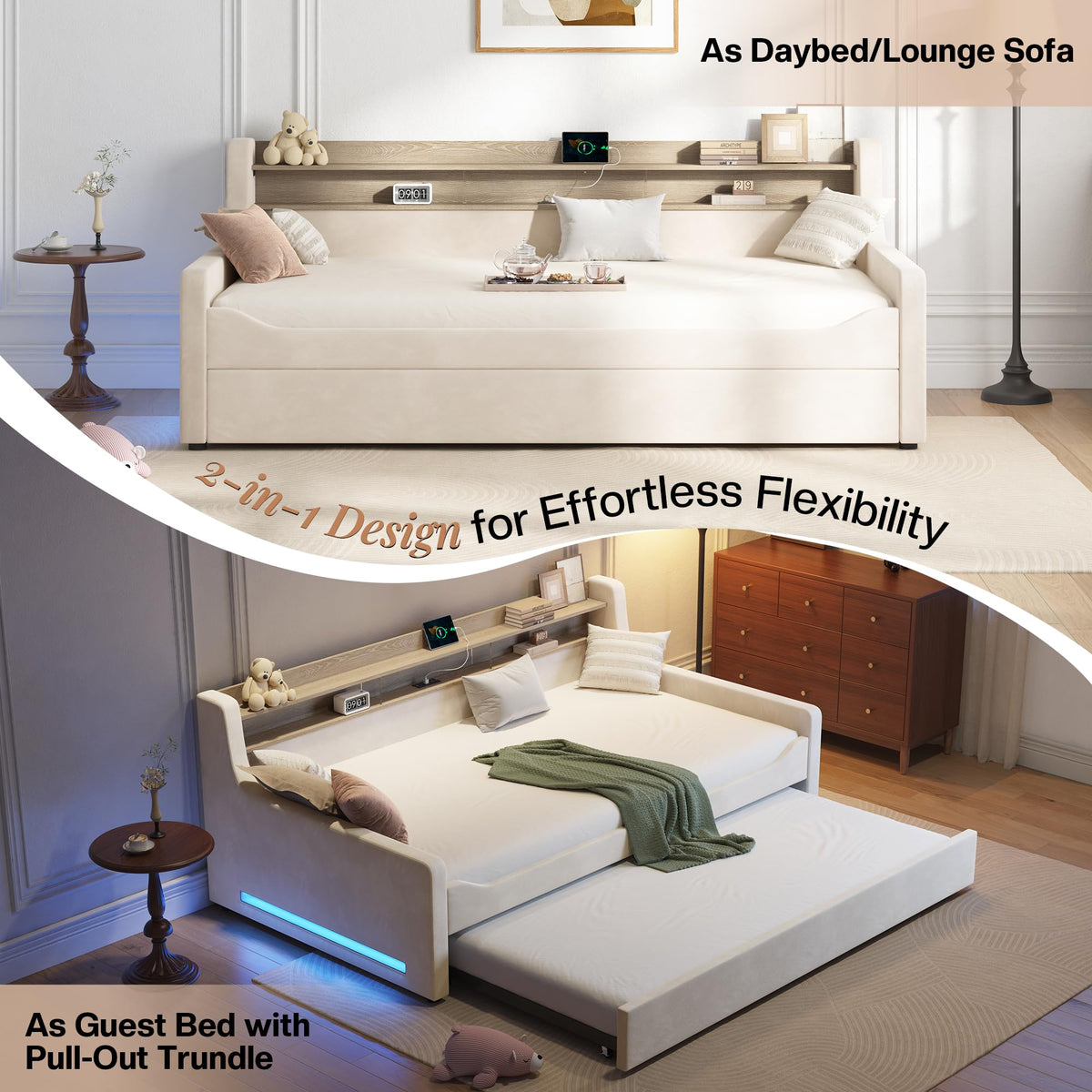Twin Upholstered Daybed with Trundle and Storage Headboard Q7441