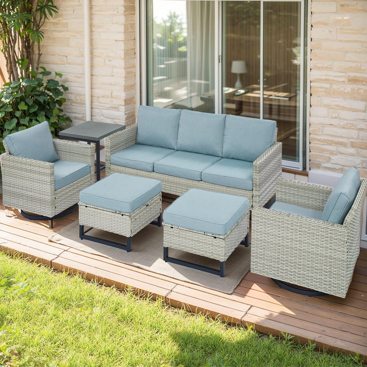 6 Piece Wicker Patio Conversation Set with Swivel Rocker Chairs and Ottoman R73103