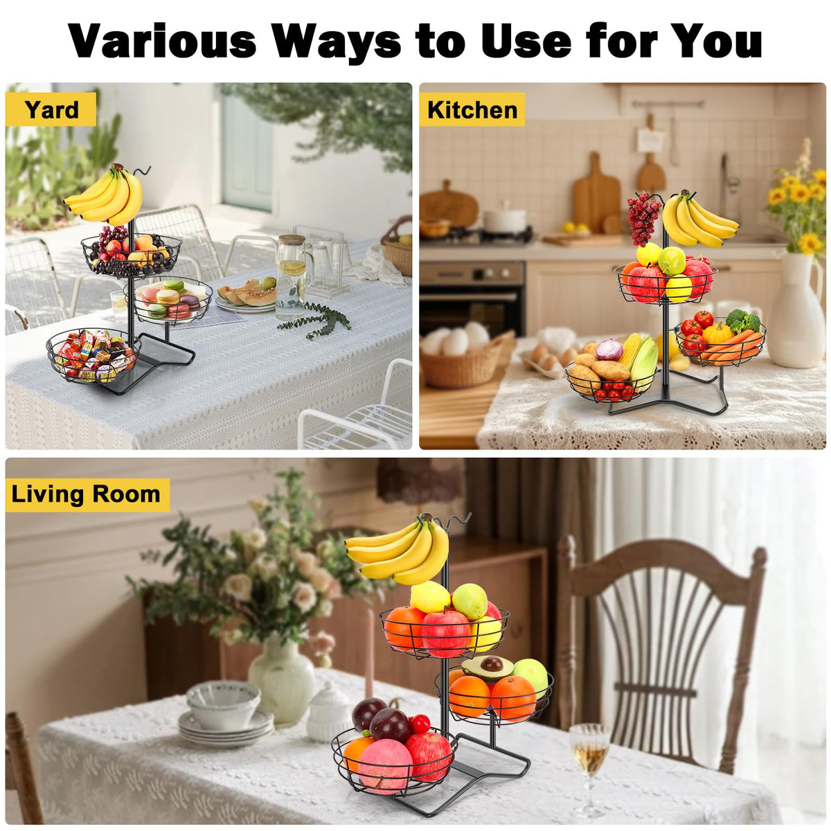 3 Tier Fruit Basket Bowl with 2 Banana Hooks P708114