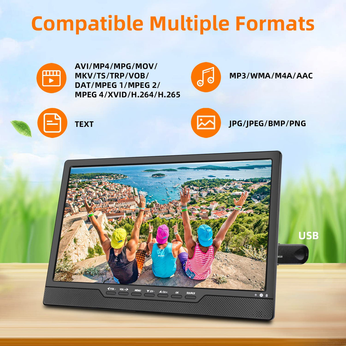 14 Inch Portable TV with Rechargeable Battery, ATSC Tuner, USB/HDMI/AV, 12 Volt V86452