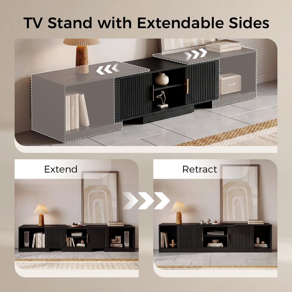 Black Adjustable TV Stand with Storage Cabinets Y4159