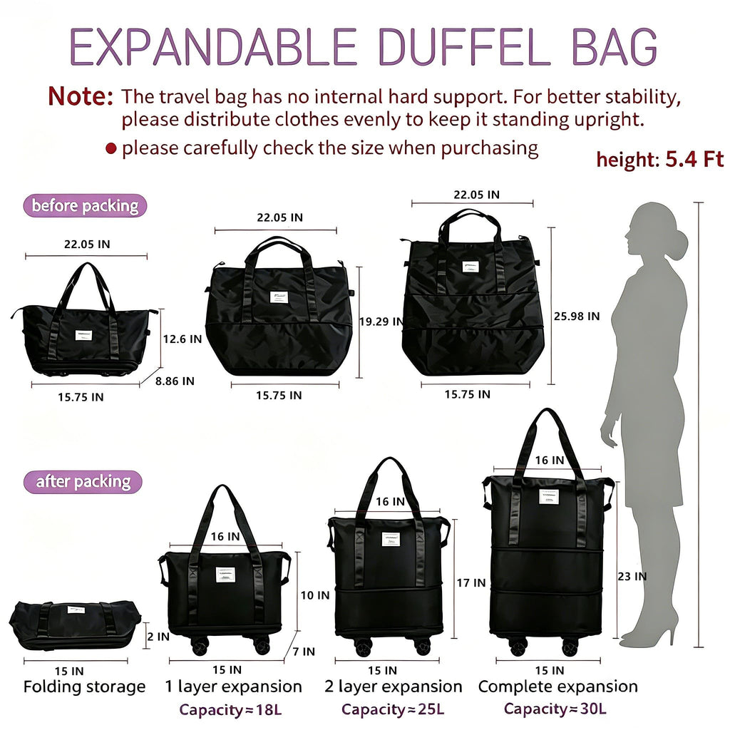 Expandable Rolling Duffle Bag with Wheels, 18L to 30L, Black A62084