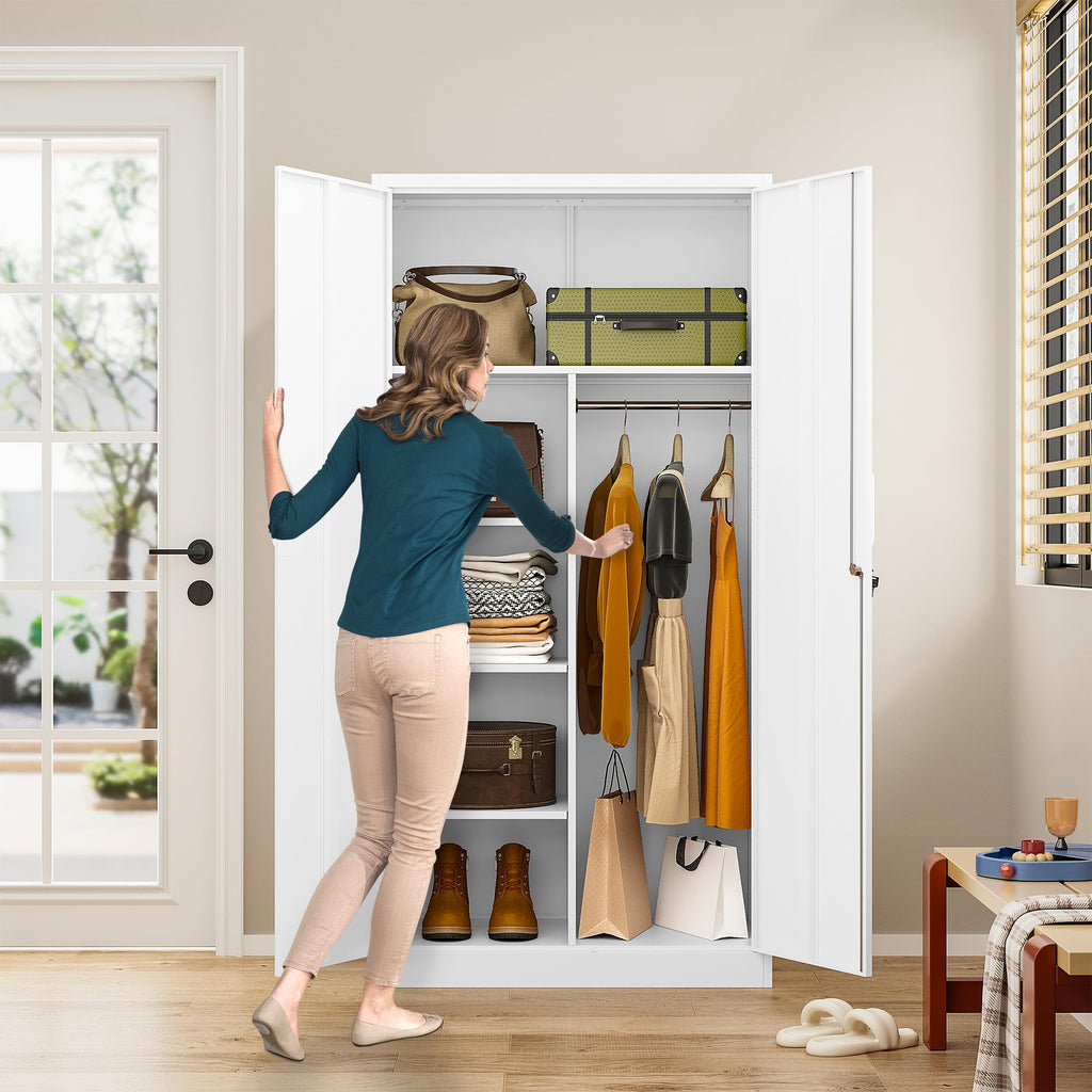 White Metal Storage Cabinet with Hanging Rod and Lock J7132