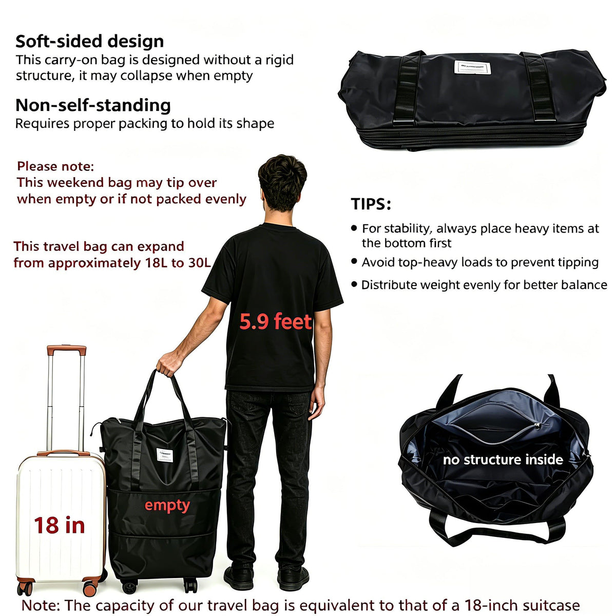Expandable Rolling Duffle Bag with Wheels, 18L to 30L, Black A62084